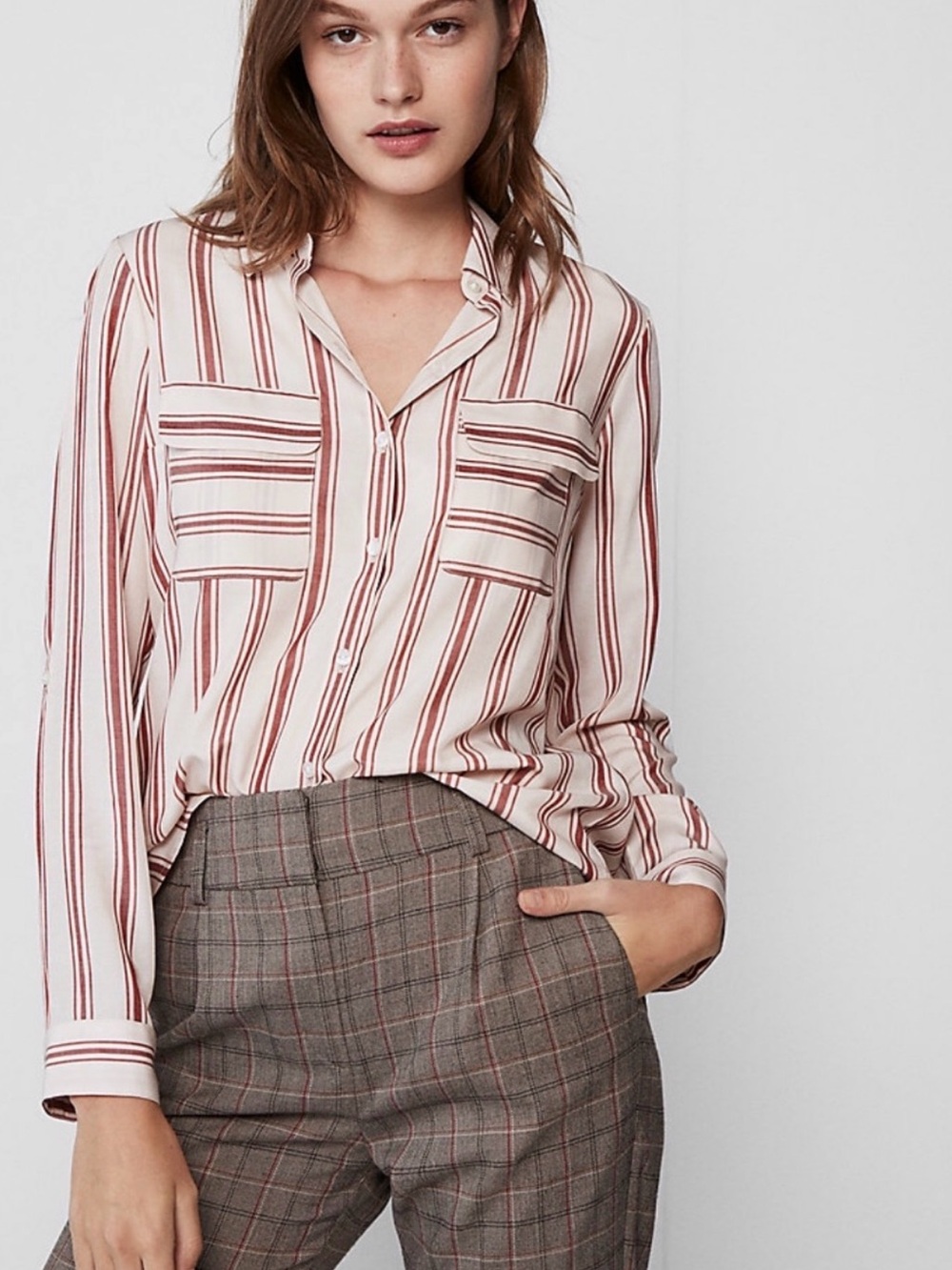 Express Cream and Rust-Striped Button-Front Blouse
